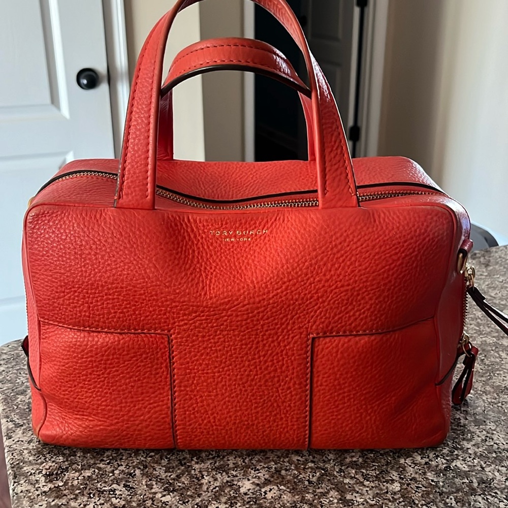 Tory Burch Block-T Pebbled Zip Satchel in Spicy Orange GUC